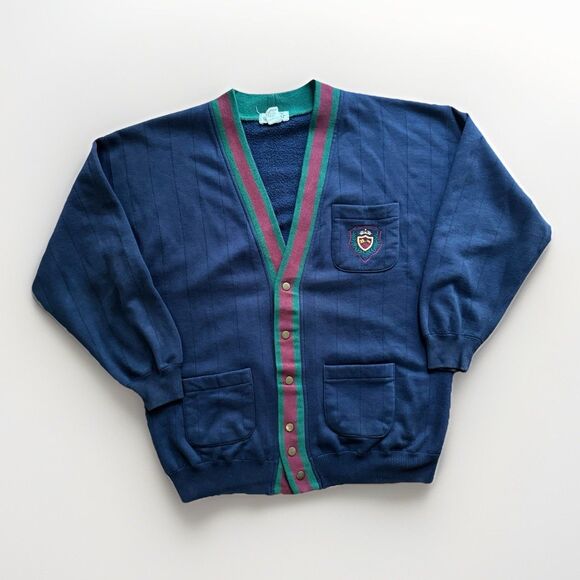 VINTAGE Gap Cardigan Men Large Blue Metal Button Tennis Preppy Crest Sweater 90s - Picture 1 of 10